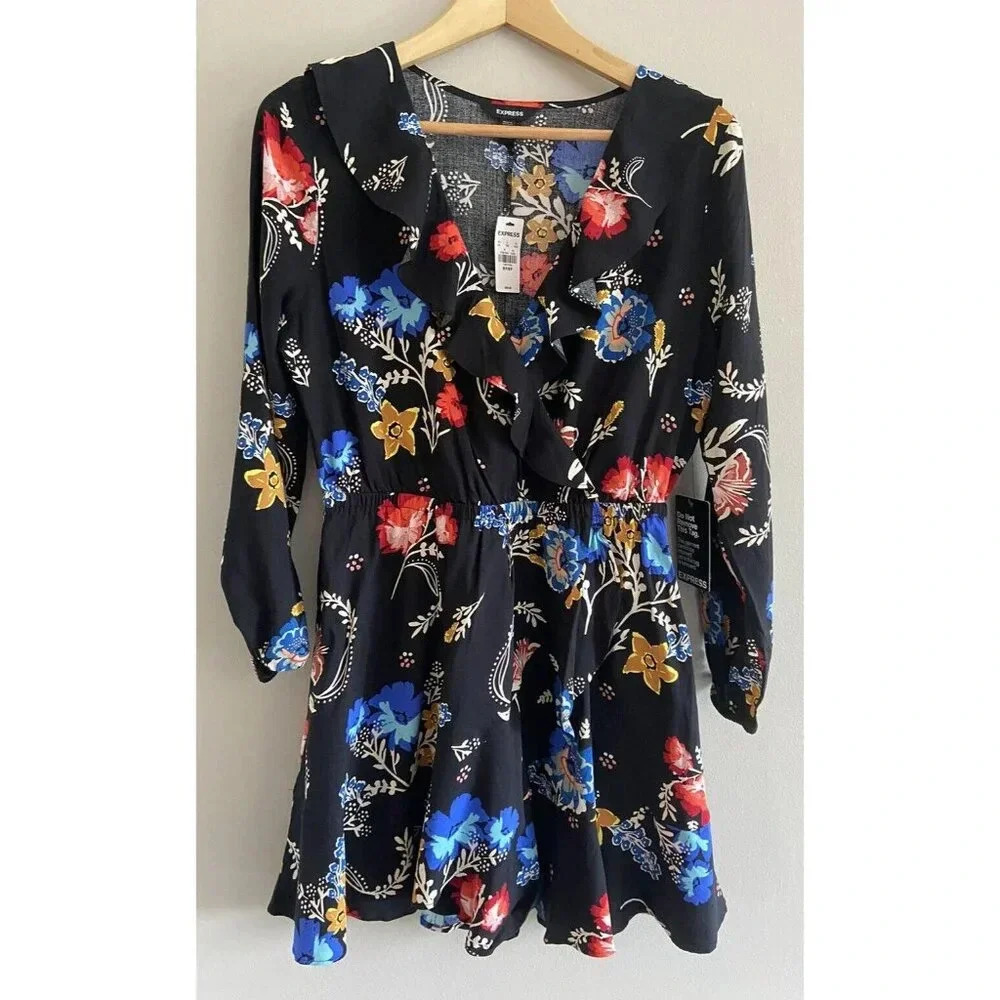 Express Floral Ruffle Dress - Black, Red, Blue